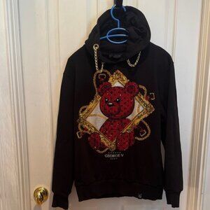Avenue George V Paris black hoodie sweatshirt with rhinestones.